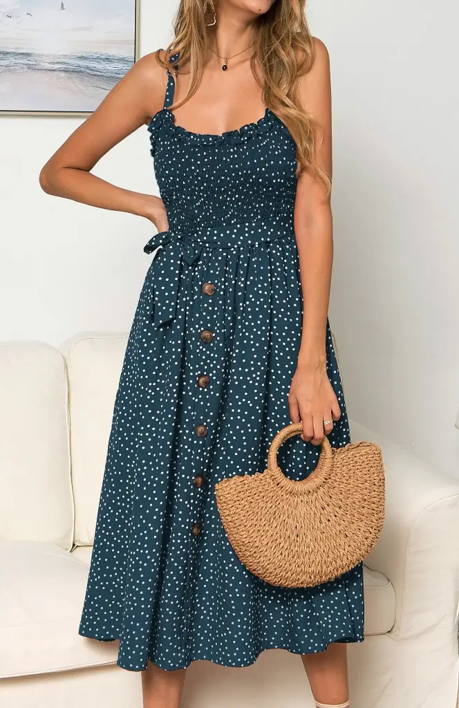 Women's Ruffled Polka Dot Dress Navy Blue Long Sleeve — feature 24