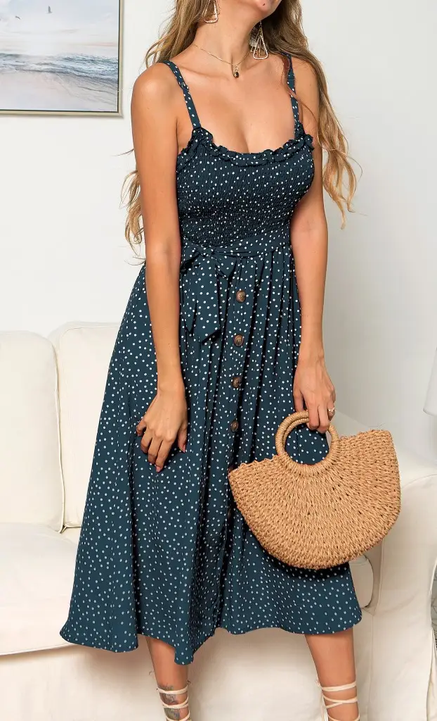 Women's Ruffled Polka Dot Dress Navy Blue Long Sleeve — feature 25