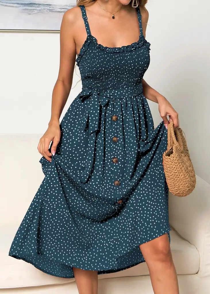 Women's Ruffled Polka Dot Dress Navy Blue Long Sleeve — feature 26