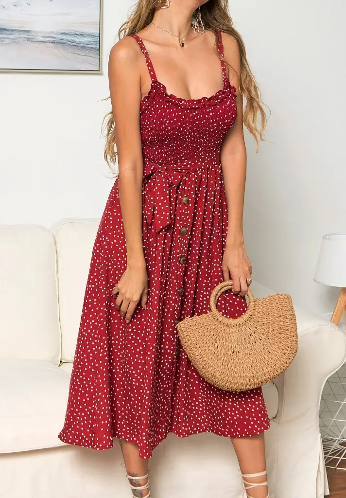 Women's Ruffled Polka Dot Dress Navy Blue Long Sleeve — feature 5