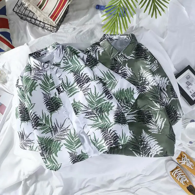 Men's Green Leaf Print Casual Shirt Loose Fit