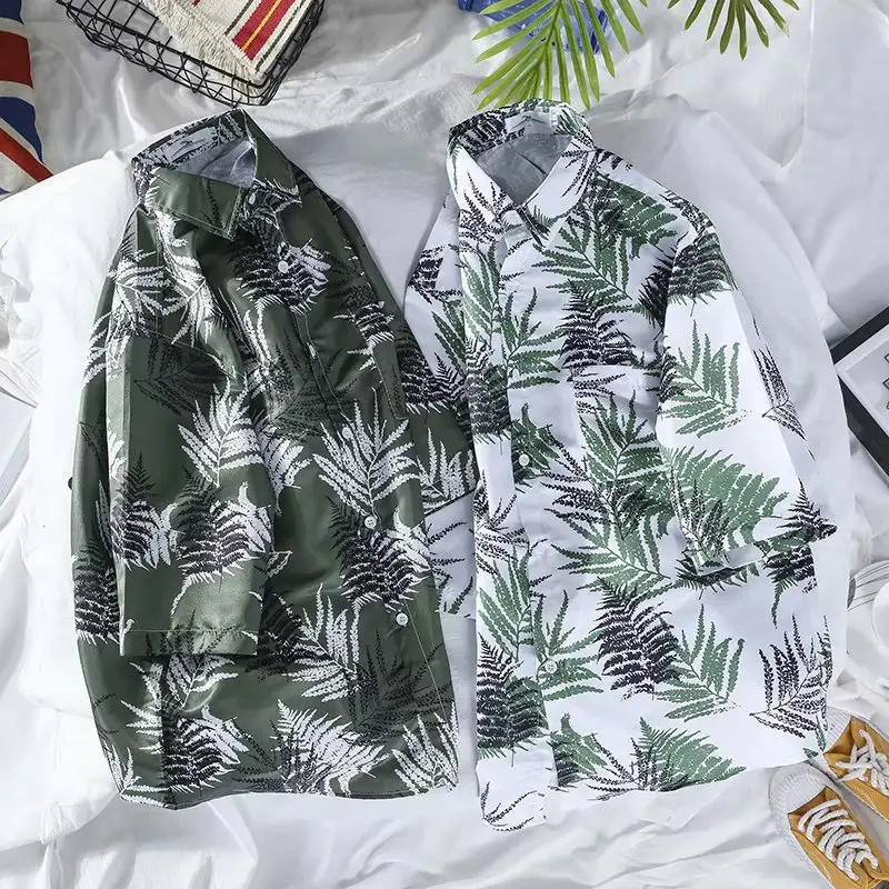 Men's Green Leaf Print Casual Shirt Loose Fit