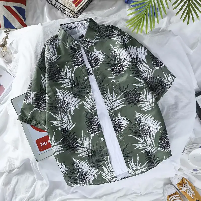 Men's Green Leaf Print Casual Shirt Loose Fit