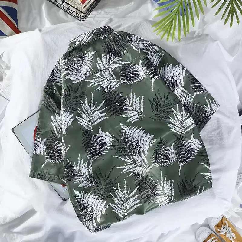 Men's Green Leaf Print Casual Shirt Loose Fit