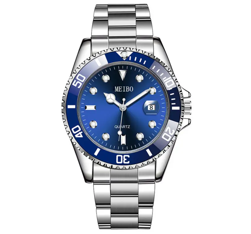 Trendy Fashion Magnifying Glass Calendar Men's Watch Steel Band Watch Green Ghost Men's Watch