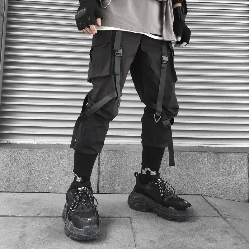 Men Black Three-Dimensional Cargo Pants with Ribbon Detail - Image 2