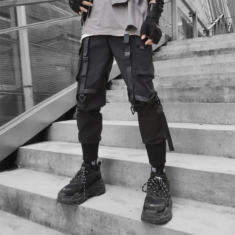 Men Black Three-Dimensional Cargo Pants with Ribbon Detail - Image 3