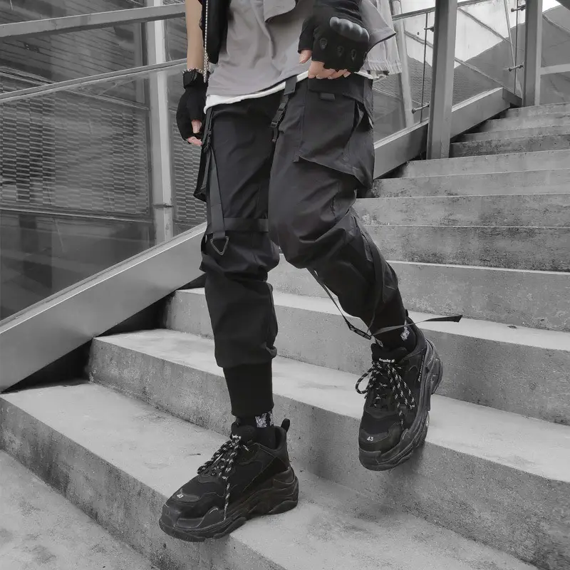 Men Black Three-Dimensional Cargo Pants with Ribbon Detail - Image 5