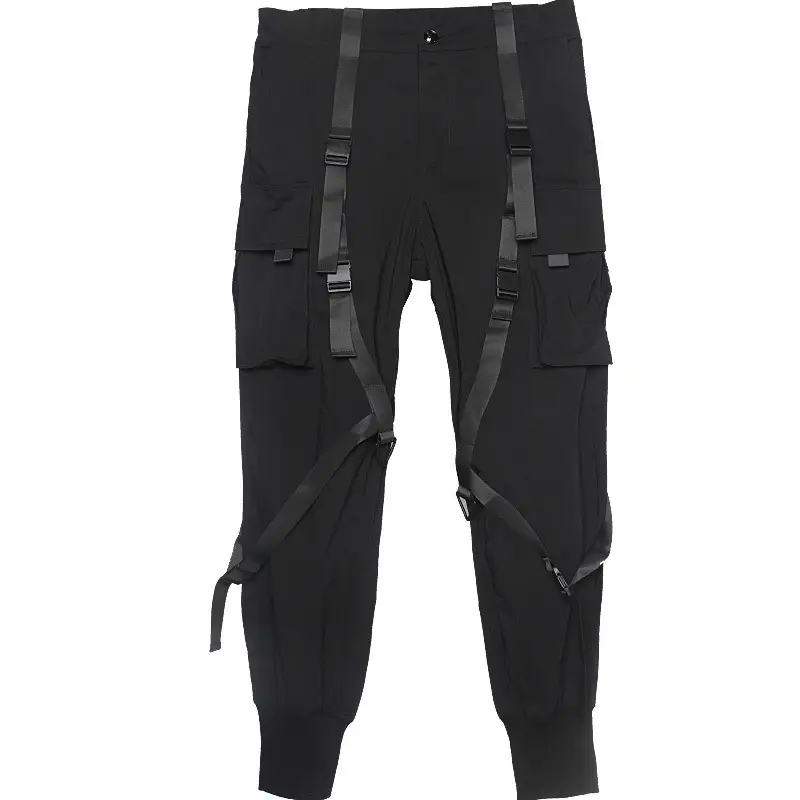 Men Black Three-Dimensional Cargo Pants with Ribbon Detail - Image 6