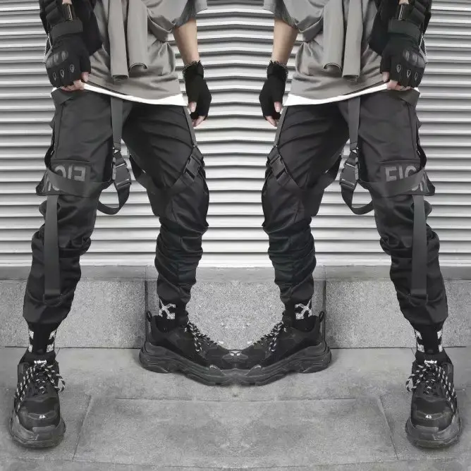Men's Black Multi-Pocket Cargo Pants with Hip-Hop Design