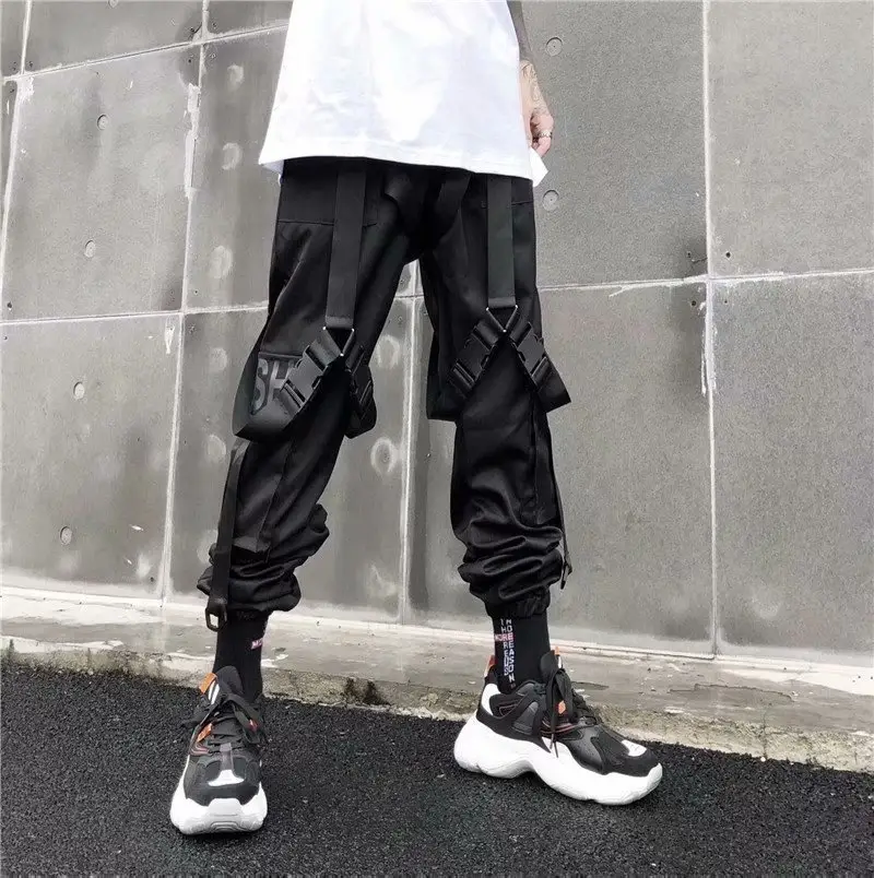 Men's Black Multi-Pocket Cargo Pants with Hip-Hop Design