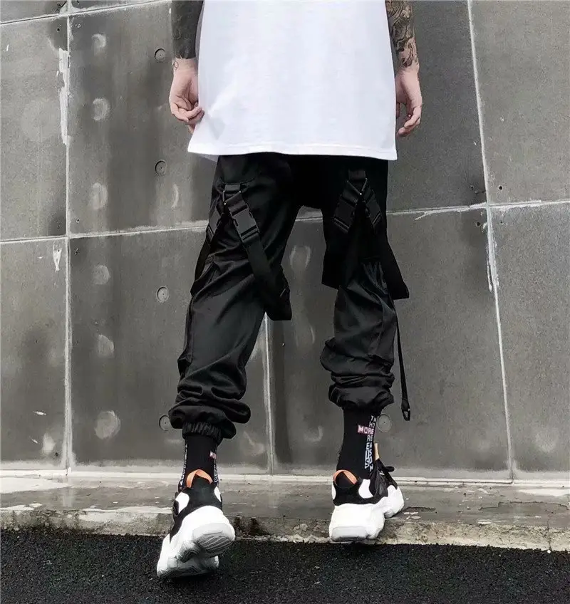 Men's Black Multi-Pocket Cargo Pants with Hip-Hop Design