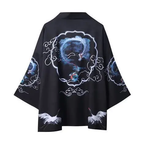 Japanese Style Open Lining Cloak Coat Blue Dragon Print