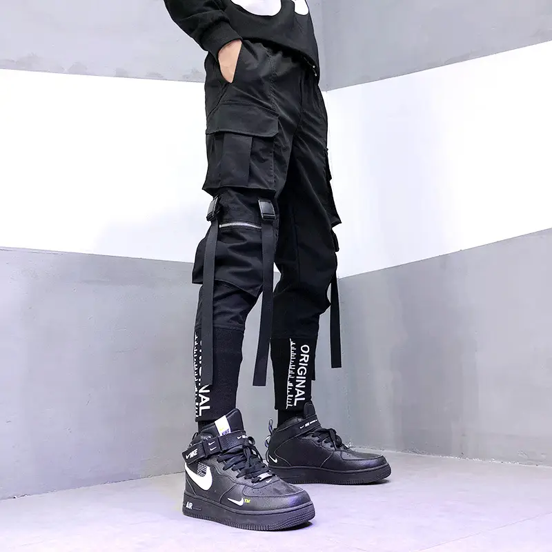 Men Tactical Black Leg Harem Pants with Letter Embroidery - Image 4