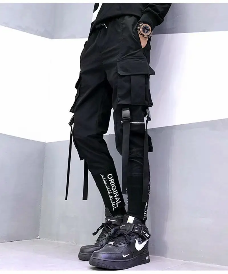 Men Tactical Black Leg Harem Pants with Letter Embroidery - Image 5