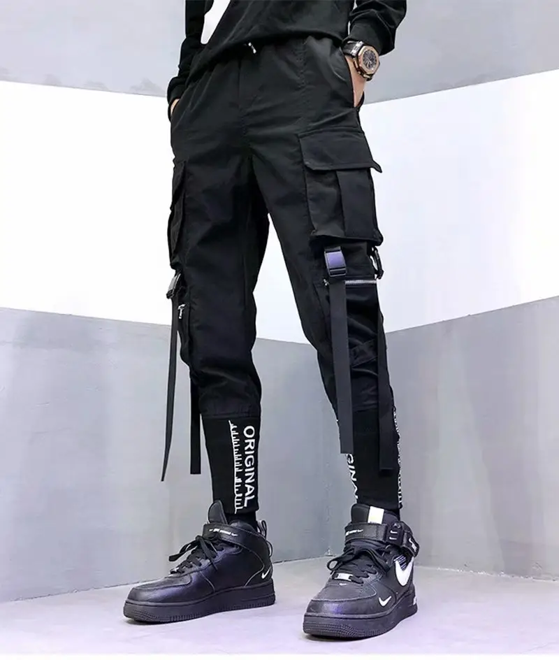 Men Tactical Black Leg Harem Pants with Letter Embroidery — feature 4