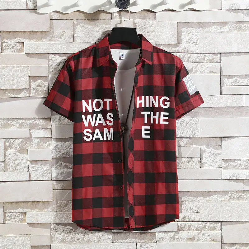 Men Red Black Plaid Short Sleeve Shirt