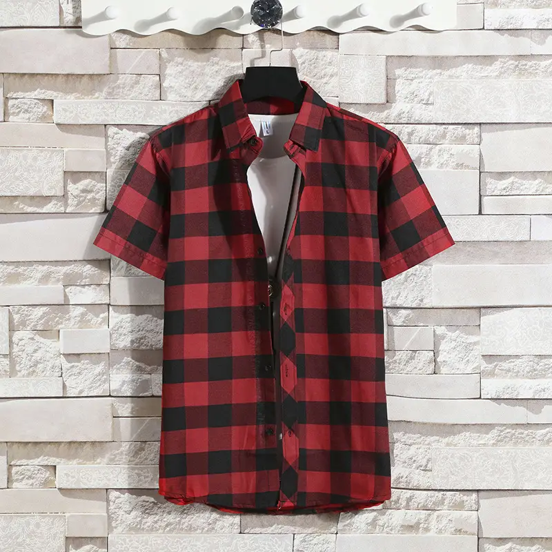 Men Red Black Plaid Short Sleeve Shirt