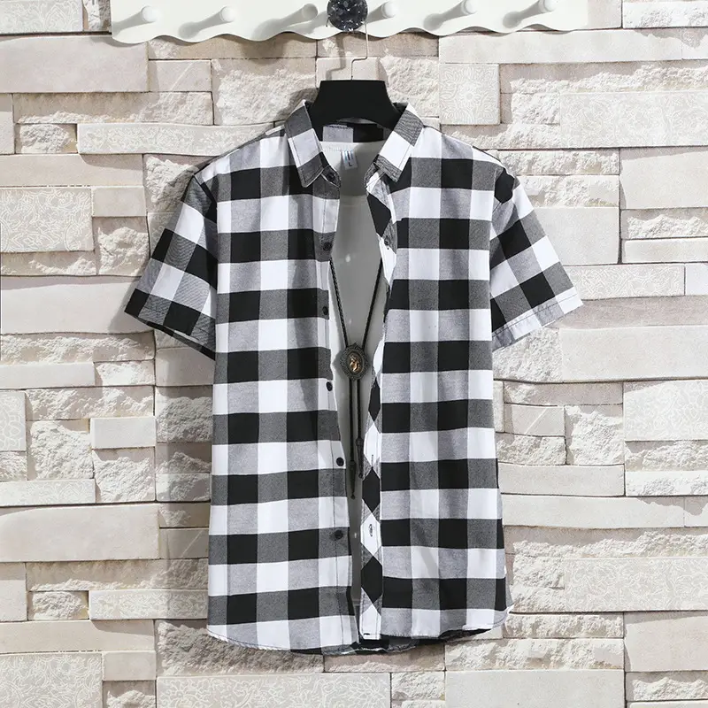 Men Red Black Plaid Short Sleeve Shirt