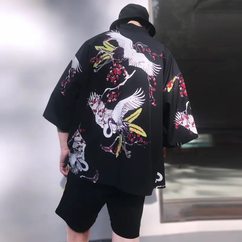 Men Ukiyo-E Crane Sunscreen Shirt Blue White 7Pc Sleeve