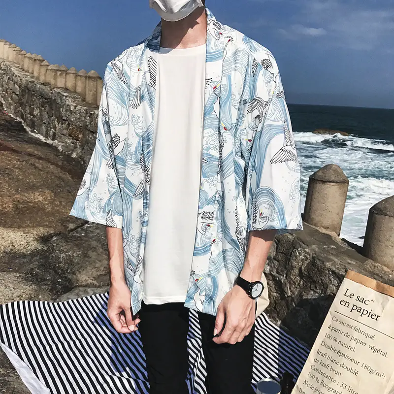 Men Ukiyo-E Crane Sunscreen Shirt Blue White 7Pc Sleeve