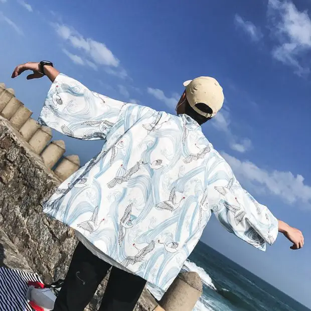 Men Ukiyo-E Crane Sunscreen Shirt Blue White 7Pc Sleeve