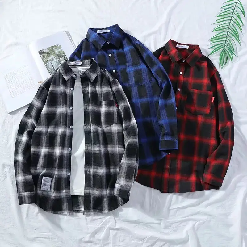 Men's Blue Plaid Long Sleeve Shirt Korean Style - Image 4