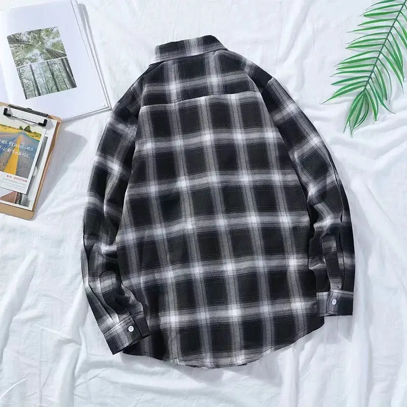 Men's Blue Plaid Long Sleeve Shirt Korean Style - Image 5