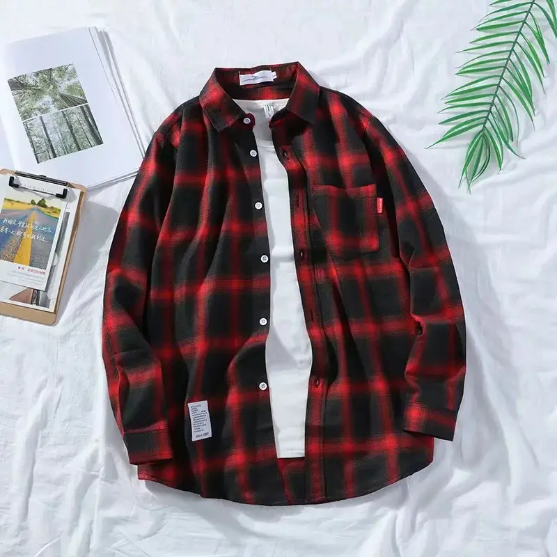 Men's Blue Plaid Long Sleeve Shirt Korean Style - Image 2