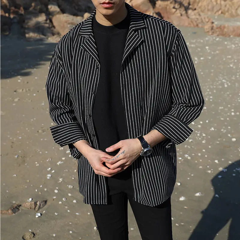 Men's Striped Collar Shirt Light Beige Long Sleeve - Image 4