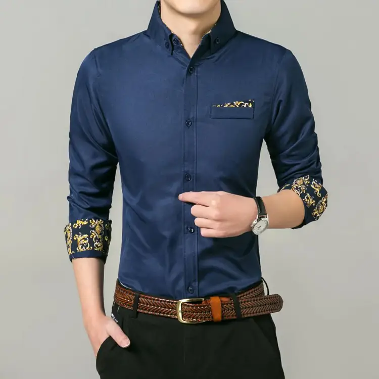 Men Light Blue Slim Fit Long Sleeve Shirt with Embroidered Sleeves - Image 5