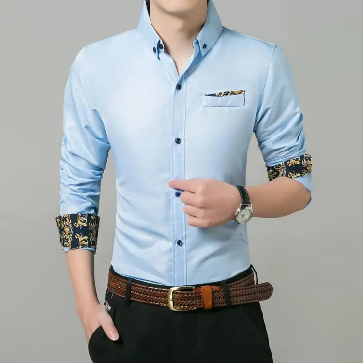 Men Light Blue Slim Fit Long Sleeve Shirt with Embroidered Sleeves - Image 4