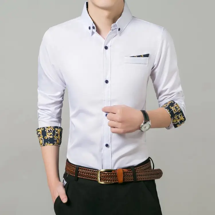 Men Light Blue Slim Fit Long Sleeve Shirt with Embroidered Sleeves - Image 2