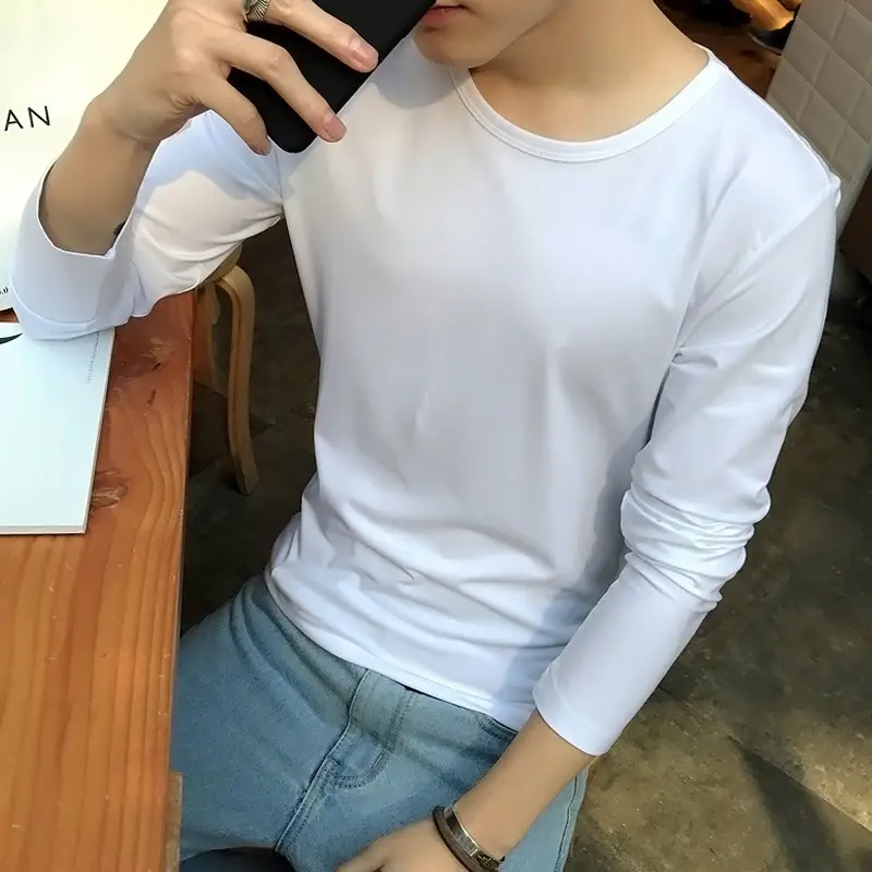 Men's White Long Sleeve Cotton T-Shirt - Image 7