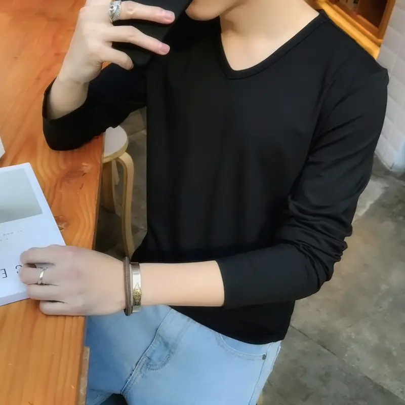 Men V-Neck Slim Fit Long Sleeve T-Shirt Green