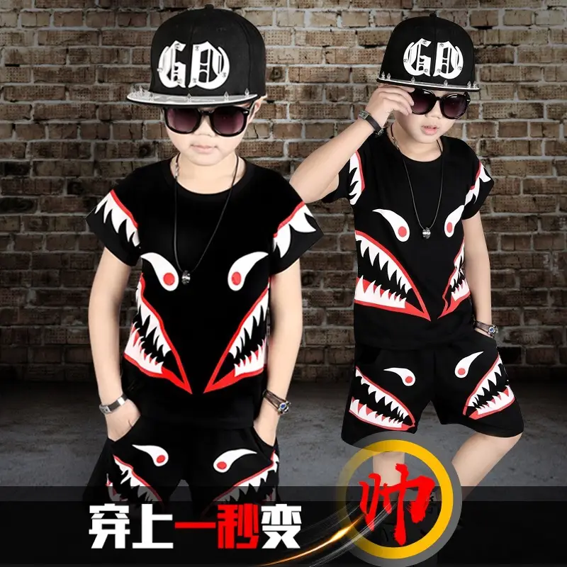 Kids Cartoon Shark T-Shirt Shorts Set Black Medium Large - Image 4