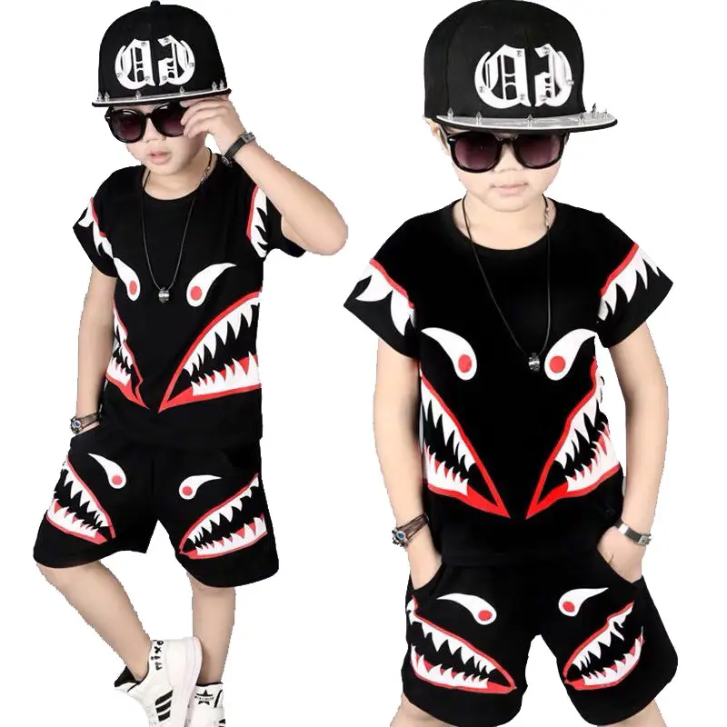 Kids Cartoon Shark T-Shirt Shorts Set Black Medium Large - Image 6