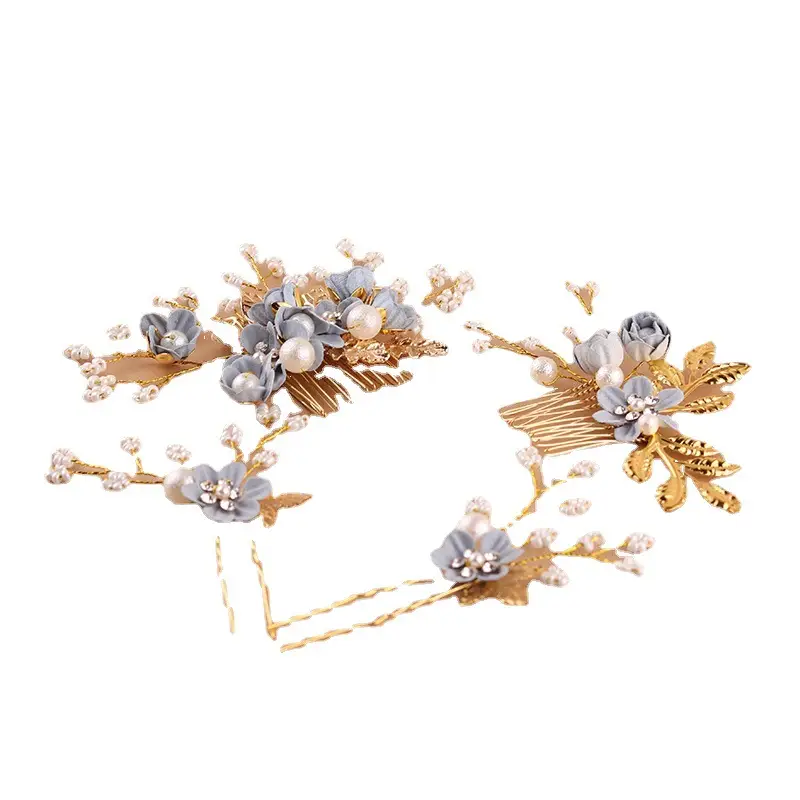 Blue Sweet Flower Hair Combing with Pearl & Gold Design - Image 9