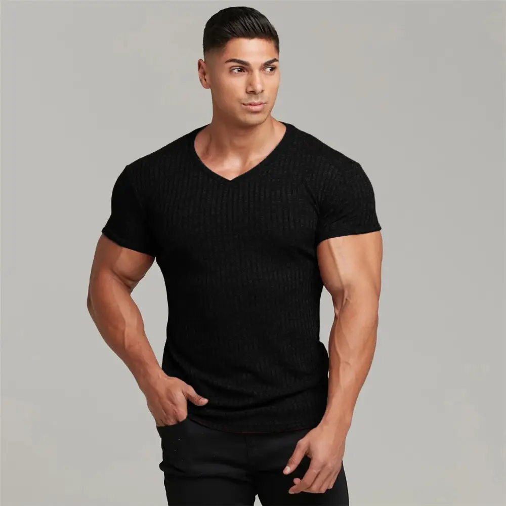 Men V-Neck Knitted Shorts T-Shirt Grey Super Elastic - Image 3