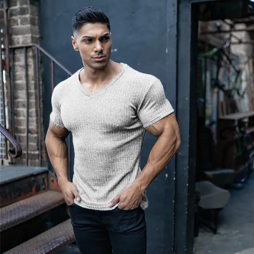Men V-Neck Knitted Shorts T-Shirt Grey Super Elastic - Image 5