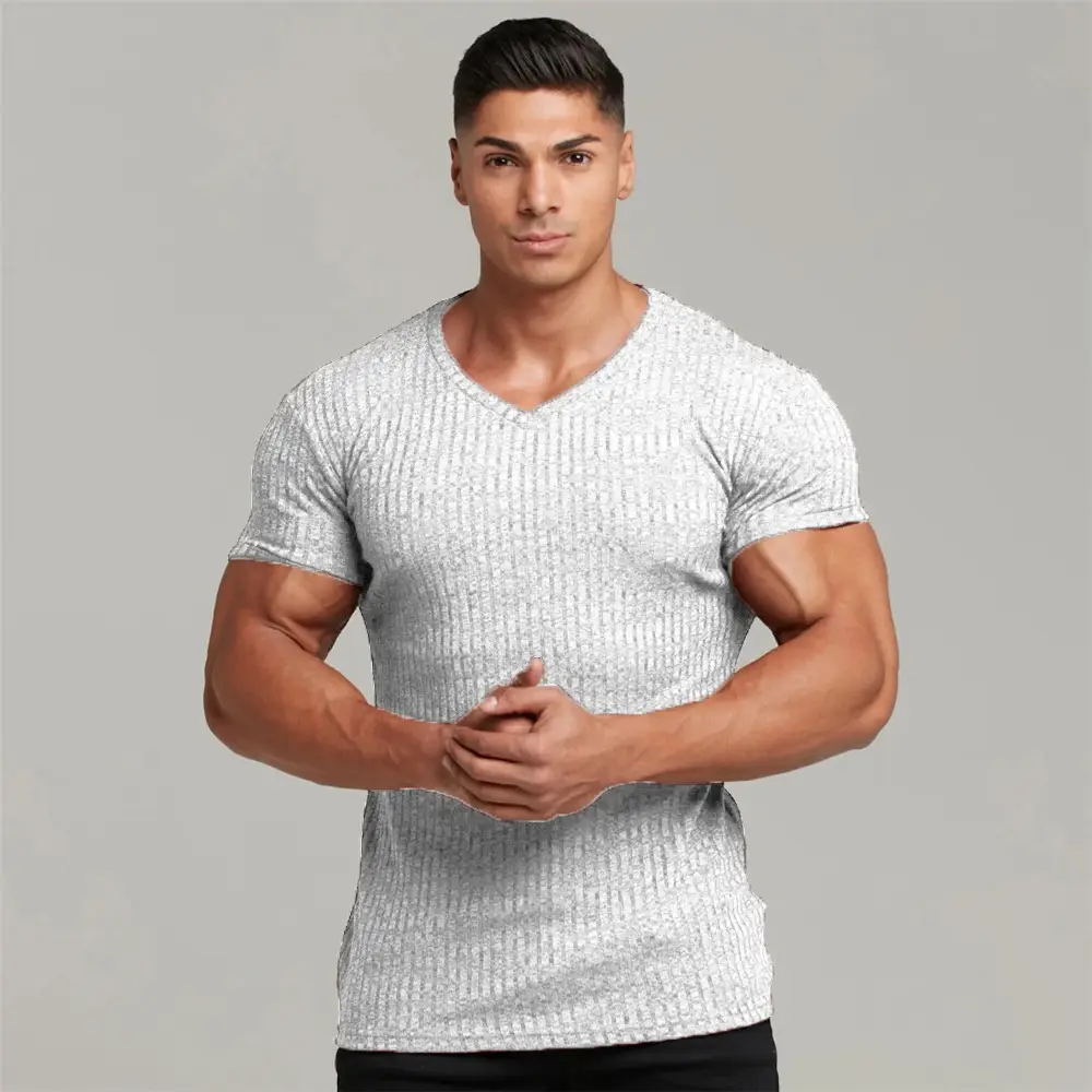 Men V-Neck Knitted Shorts T-Shirt Grey Super Elastic - Image 7