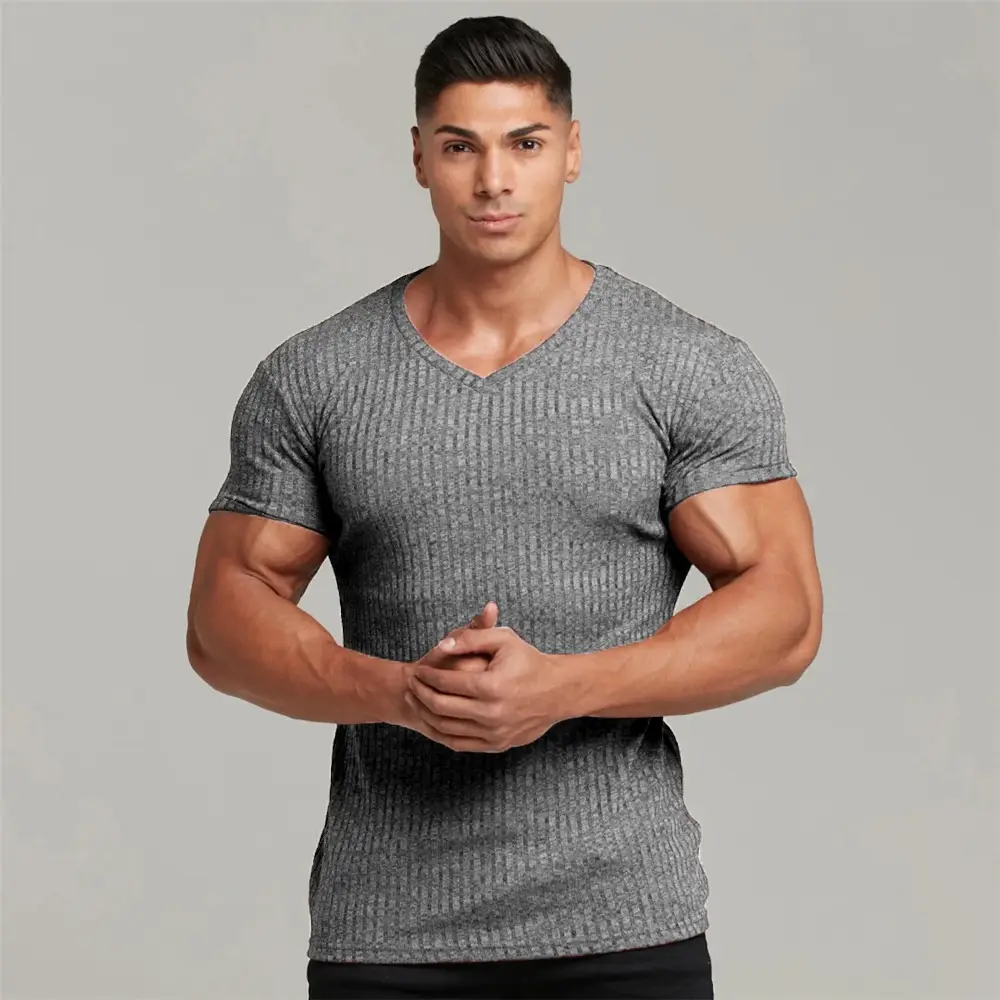 Men V-Neck Knitted Shorts T-Shirt Grey Super Elastic - Image 2
