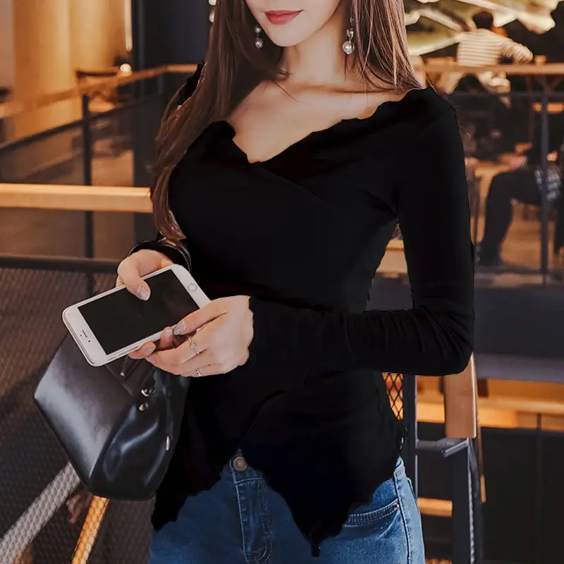 Women's White Cross Irregular Top with Long Sleeves - Image 4
