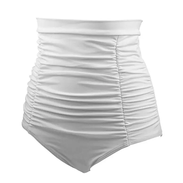 Red Slim Fit Pleated High Waist Swim Trunks for Women