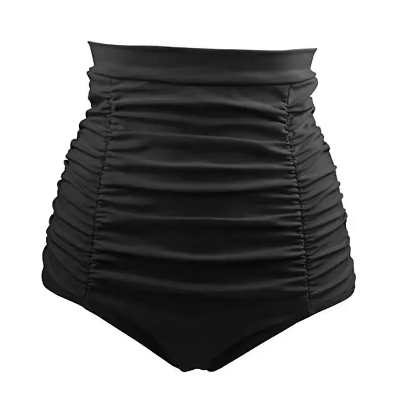 Red Slim Fit Pleated High Waist Swim Trunks for Women