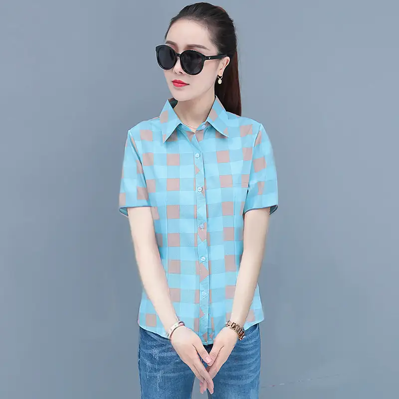 Women Blue Plaid Short Sleeve Shirt 2025 Spring - Image 7