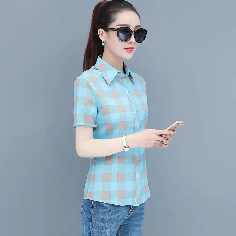 Women Blue Plaid Short Sleeve Shirt 2025 Spring - Image 9