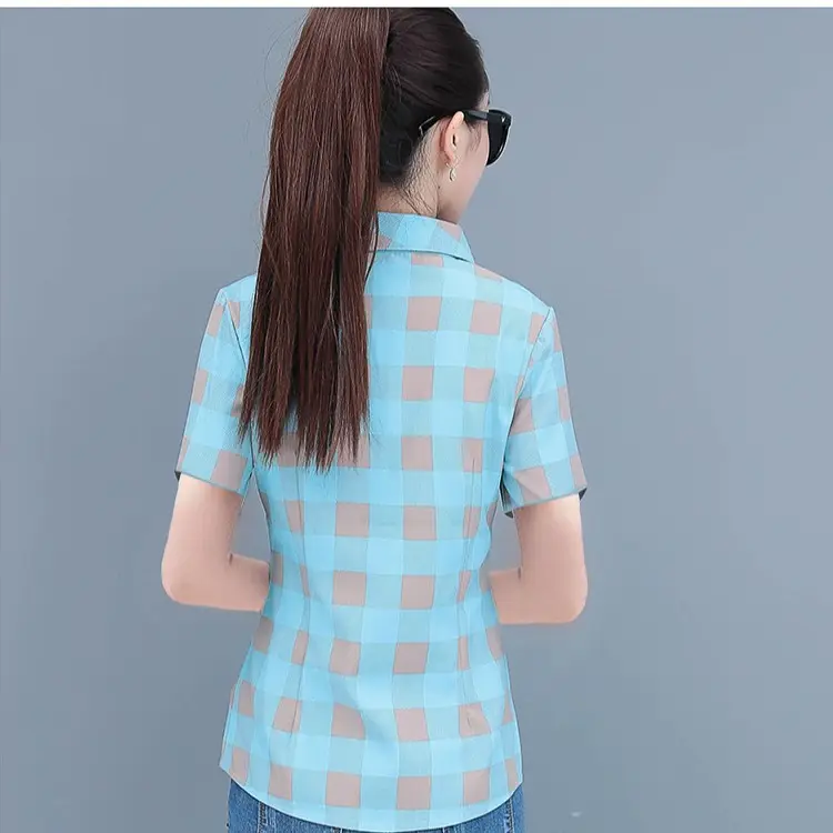Women Blue Plaid Short Sleeve Shirt 2025 Spring - Image 10