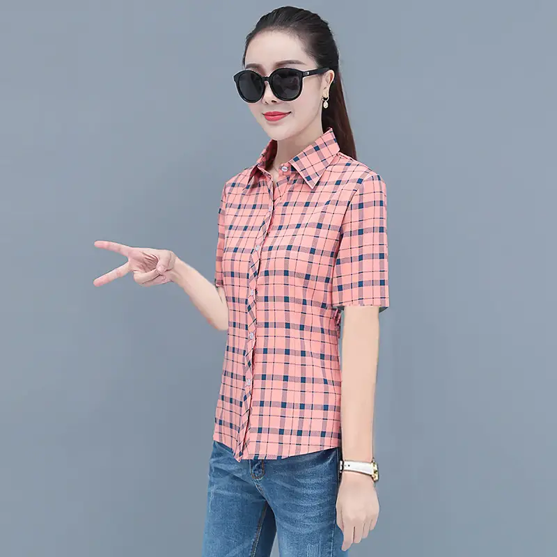 Women Blue Plaid Short Sleeve Shirt 2025 Spring - Image 3