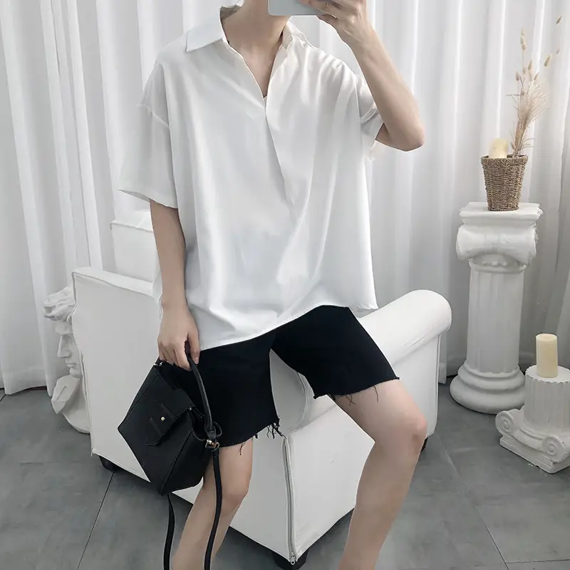 Men's Black Short Sleeve V-Neck Shirt with White Shorts - Image 7